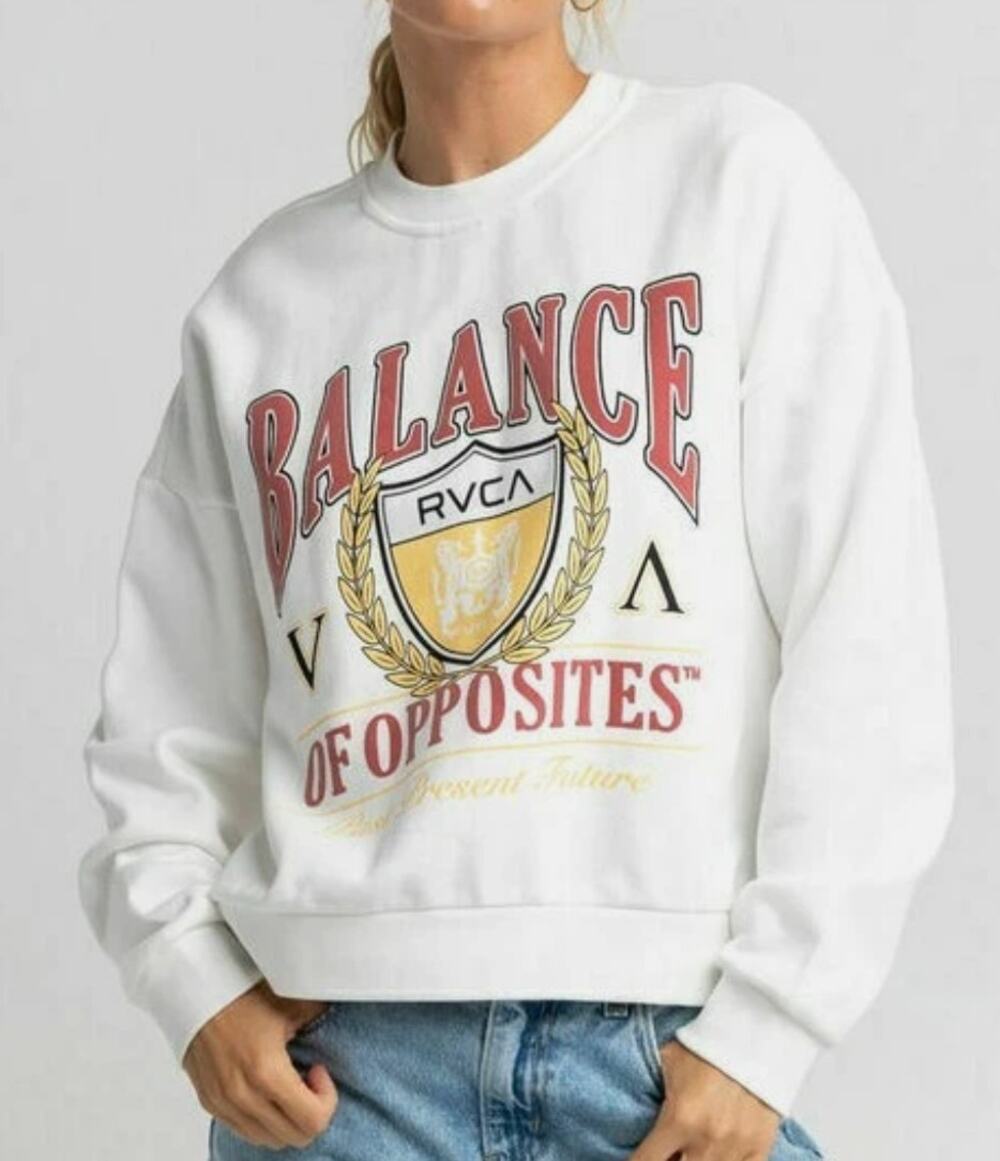 RVCA Women's Crewneck Sweater White Cambridge Crew Graphic Pullover XL